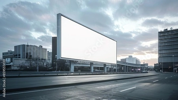 Obraz Large blank billboard on a freeway in Knoxville, with the city skyline, 3D render, no light from frame, modern, realistic