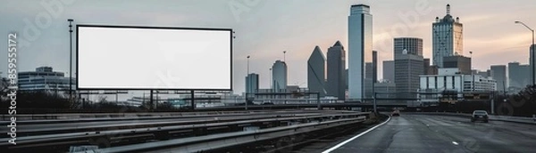 Fototapeta Large blank billboard on a freeway in Dallas, with the city skyline, 3D render, no light from frame, modern, realistic