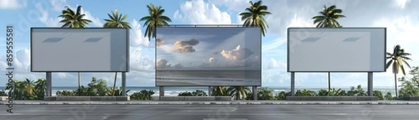 Fototapeta Large blank billboard on a Miami beachside road, with palm trees and ocean in the background, 3D render, bright day, no light from frame, tropical, realistic