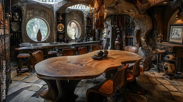 Fototapeta Vintage wooden table in an eclectic and artistic room interior with unique decor and ambient lighting. 