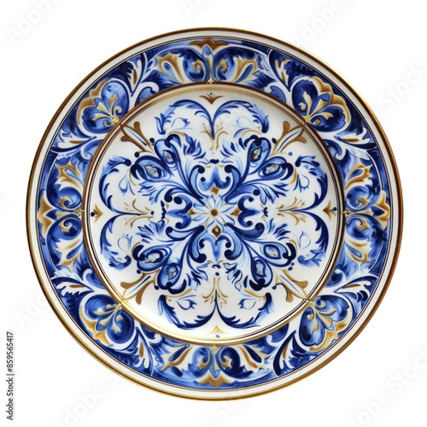 Fototapeta Ornate ceramic plate featuring an intricate blue and gold floral design on a white background. The detailed, symmetrical pattern and the fine gold accents give it a regal and elegant appearance, suita