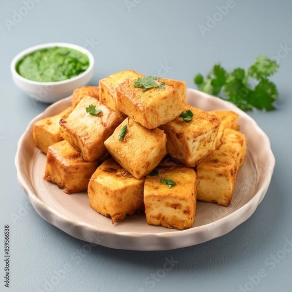Fototapeta Indian delicious roasted cottage cheese cubes also called fried paneer on grey background