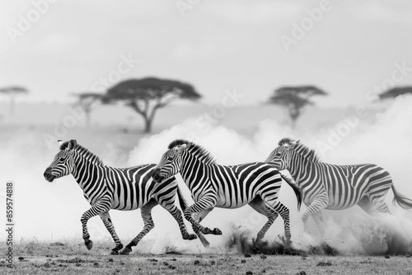 Fototapeta A group of zebras runs across the savannah, dust rising from their hooves