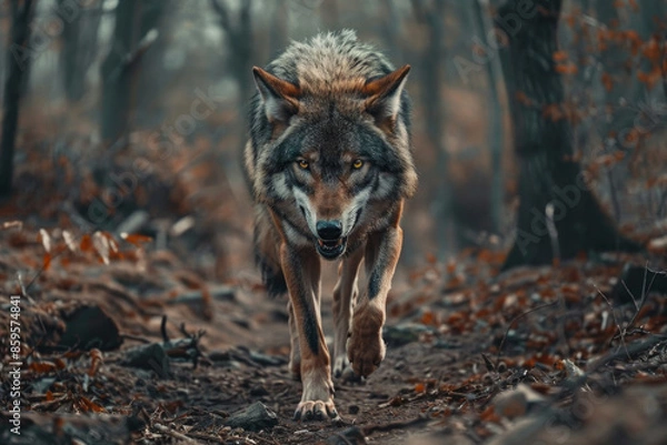 Obraz A full body shot of an angry wolf walking towards the camera in a forest, with an angry expression on his face and mouth open showing teeth