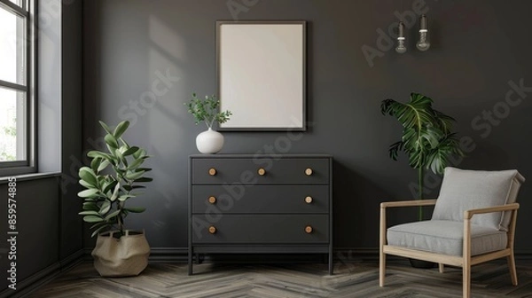 Obraz Gray living room interior with dresser and square poster hyper realistic 