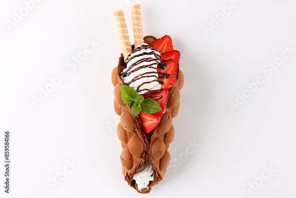 Obraz Hong kong or bubble waffle with ice cream and fruits isolated on white background