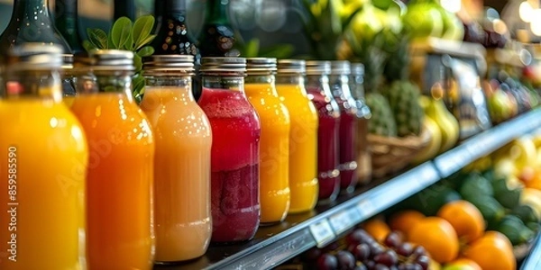 Fototapeta Exploring the Range of Fresh Organic Juices and Fruits at the Supermarket. Concept Fresh Juices, Organic Fruits, Supermarket Finds, Healthy Living, Nutrient Rich Options