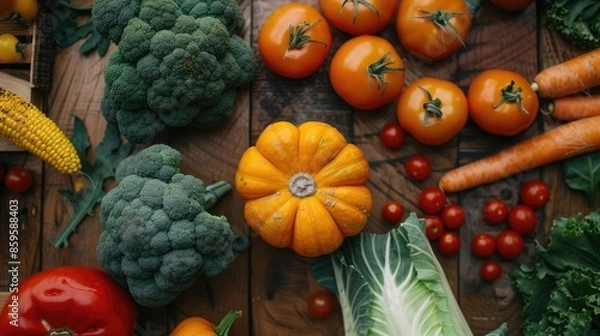 Fototapeta Assorted vegetables displayed on wooden table pumpkin cabbage broccoli bell pepper tomatoes carrots and more