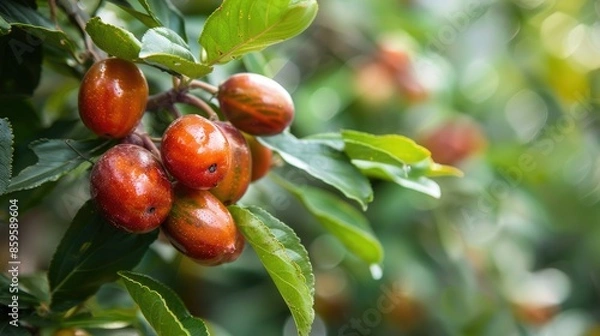 Fototapeta Close view of jujube fruit on tree at harvest time