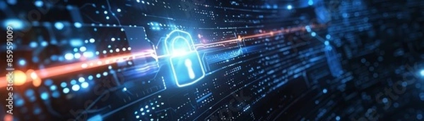 Fototapeta A glowing padlock symbol, representing digital security, is placed on a futuristic, abstract background, featuring digital lines and data.