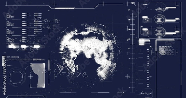 Obraz Image of mathematical equations over interface with data processing against spinning globe