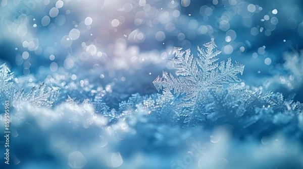 Fototapeta A pristine macro shot featuring a single snowflake resting serenely among a bed of snow, enhancing its sharp and detailed pattern with a cool blue background and gentle light.