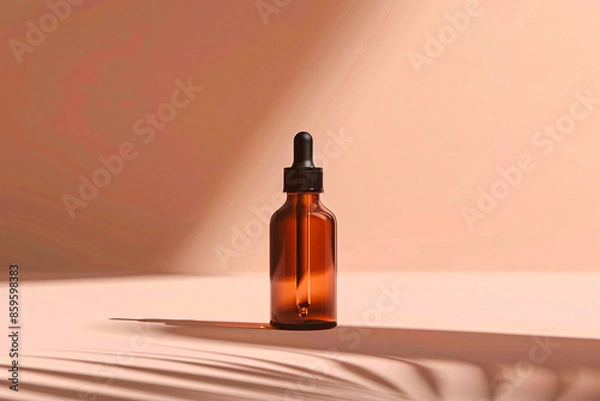 Fototapeta A brown dropper bottle with a black cap casting a shadow, highlighting the minimalist design and concept of essential oils or serums.