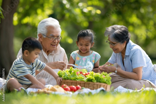 Fototapeta Grandfather enjoying a picnic with grandchildren