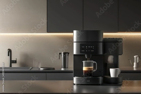 Fototapeta Hightech coffee maker with AI personalization and voice control