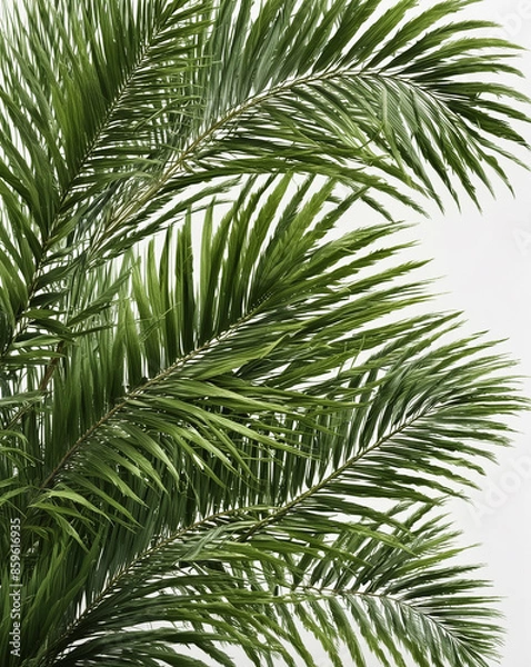 Fototapeta Dense Green Foliage of Palm Tree Against Light White Background