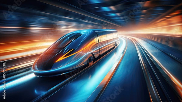 Fototapeta generated illustration of fast express passenger train, futuristic conceptual technology on high speed railway.