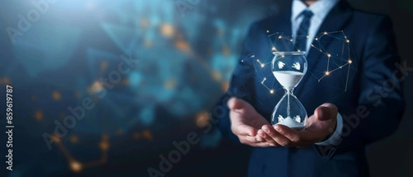 Fototapeta A businessman in a suit holds an hourglass against a backdrop of abstract digital connections, symbolizing time management and technological advancement.