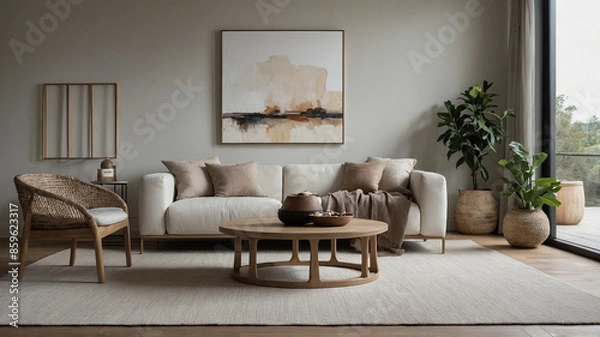 Fototapeta stylish living room scene with a minimalist design. The room features a cozy white sofa adorned with soft, neutral-colored cushions. In front of the sofa is a round wooden coffee table with a simple v