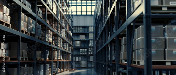 Fototapeta Endless rows of shelves stacked with boxes in a large, organized warehouse, illuminated by natural light streaming in through high windows.
