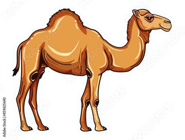 Fototapeta A cartoon camel with a single hump, standing on a white background.  The camel is looking to the right and smiling.