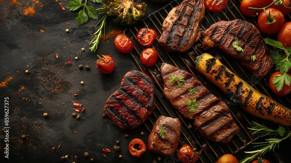 Fototapeta BBQ background with grilled meats and vegetable.  top view.
