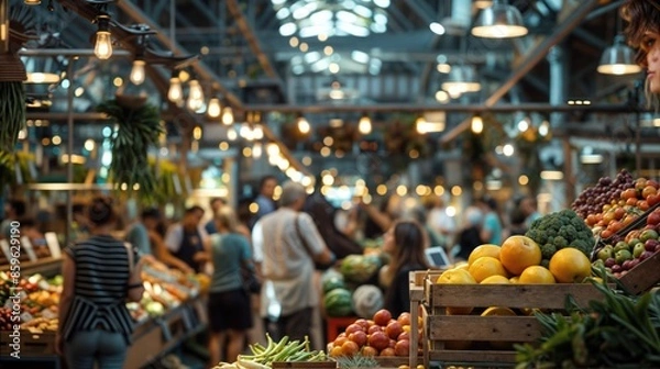 Obraz A busy indoor farmers market with shoppers browsing colorful produce