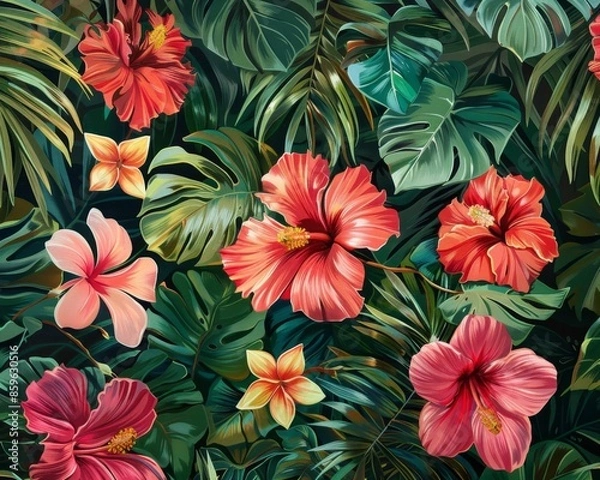 Fototapeta Vibrant Tropical Floral Wallpaper with Lush Foliage and Intricate Patterns