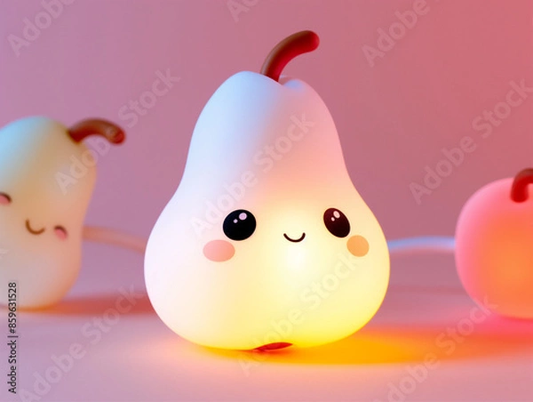 Fototapeta A cute pear-shaped light with a smiling face, glowing gently in a pink-hued background, evoking a sense of warmth and happiness.