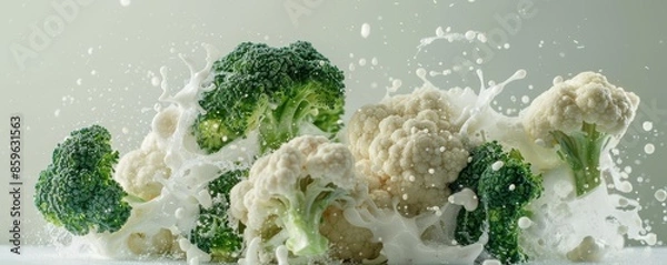 Fototapeta A bunch of broccoli and cauliflower are splashing in milk. The image has a playful and lighthearted mood, as the vegetables are not just sitting still, but are actively interacting with the milk