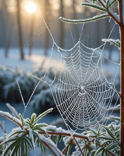 Fototapeta High-quality photo of a frost-covered spider web on a winter morning, adorned with delicate ice crystals.