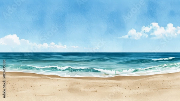 Fototapeta Serene beach landscape with gentle waves under a clear blue sky, perfect for summer vacation and relaxation themes