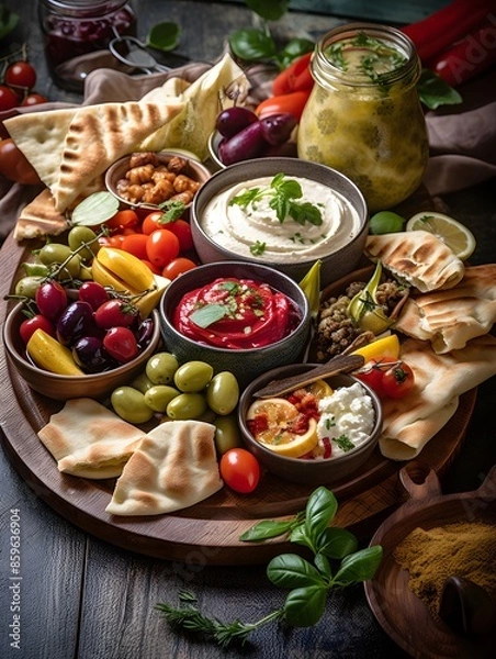 Fototapeta Mediterranean Mezze Platter with Hummus, Olives, and Pita Bread
