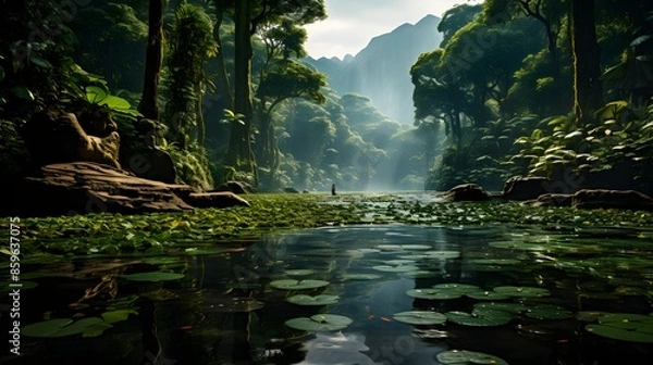Fototapeta Lush rainforest with serene river and hidden waterfalls
