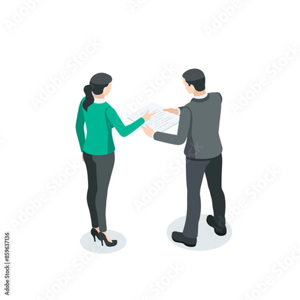 Fototapeta isometric vector business man and woman reading a document, in color on a white background, secretary and paperwork