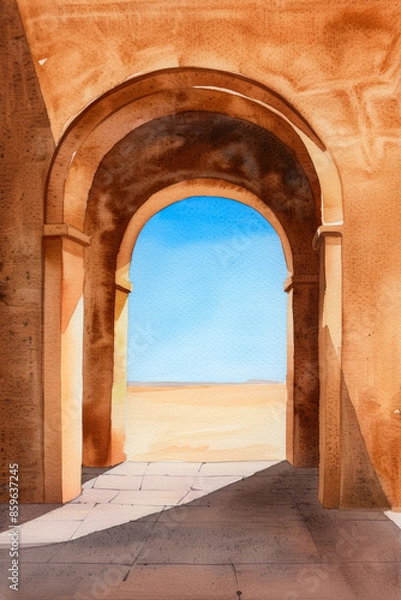 Obraz A watercolor painting of a sunny, arched doorway opening to a serene desert landscape, perfect for travel inspiration and tranquility concepts