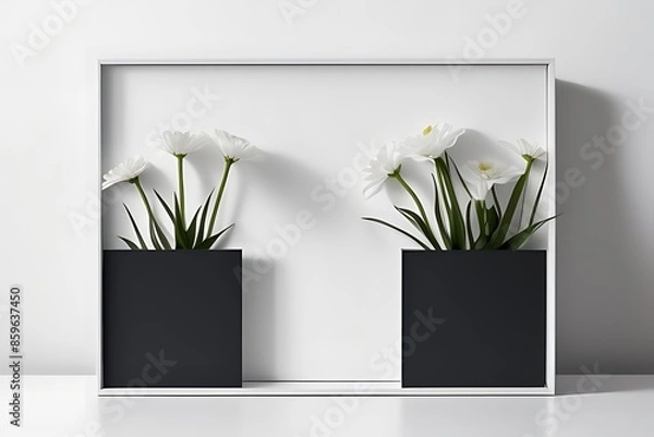 Obraz Modern abstract image featuring flowers in each corner, with simple shapes and cohesive colors, adding elegance and leaving ample white space for customization and text overlay.