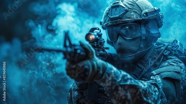 Fototapeta A tactical soldier in camouflage aims his rifle with focus amid swirling battle smoke, highlighting precision and readiness during intense combat operations.