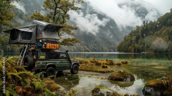 Fototapeta Overlanding Setup in Scenic Natural Environment. An overlanding vehicle with a rooftop tent set up beside a tranquil lake, surrounded by lush mountains and greenery, capturing the essence of adventure