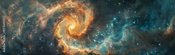 Fototapeta Spiral galaxy with bright nebula in deep space, cosmic landscape. Astronomy and space exploration concept