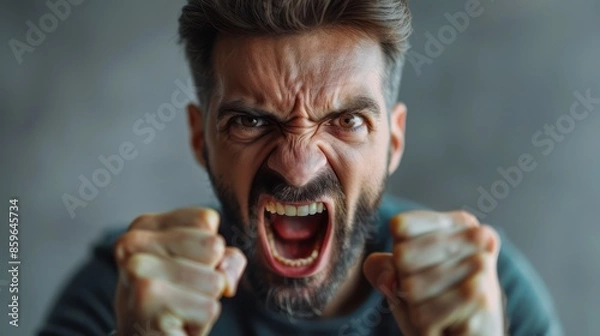 Fototapeta Close-up of a bearded man with a furious expression, yelling with fists clenched, depicting intense emotion and raw anger.