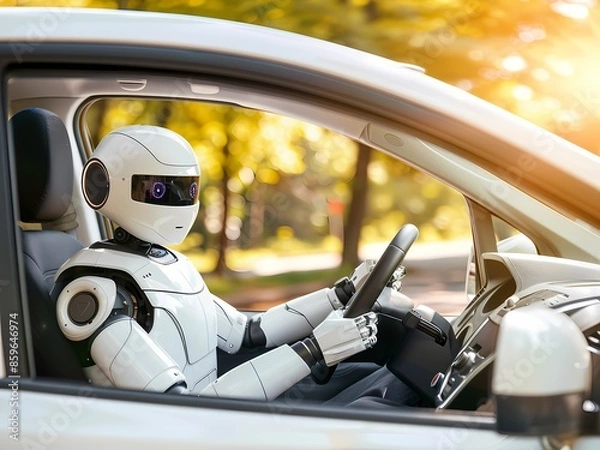 Fototapeta AI-Generated image of A robot is driving a car with a steering wheel. The robot is white and has a black face. The car is parked on the side of the road