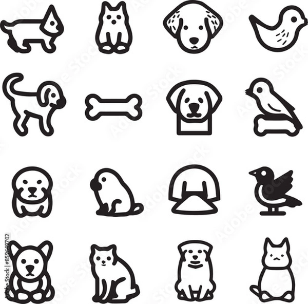 Obraz Silhouette Pets web icons in line style. Dog, cat, rabbit, hamster, bird, bone, pets, vet help. Vector illustration with White Background