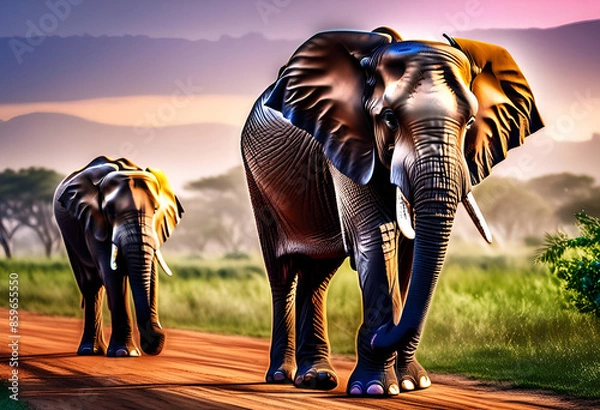 Obraz Two elephants are walking along the road