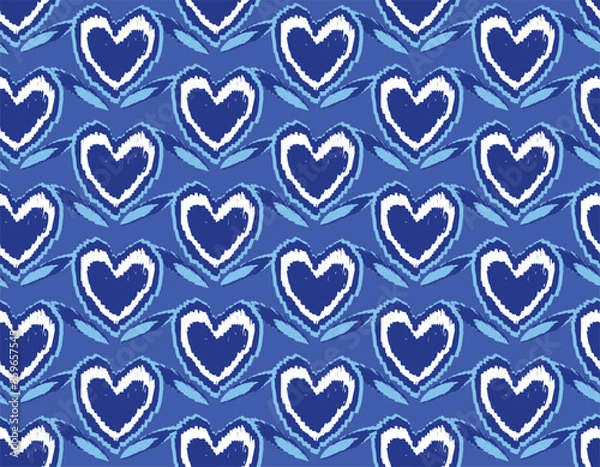 Fototapeta Blue Monochrome hearts seamless Pattern. Romantic ornament. Chalk drawn sketches hearts and Leaves repeat print. Continuous background of hand drawn hearts.