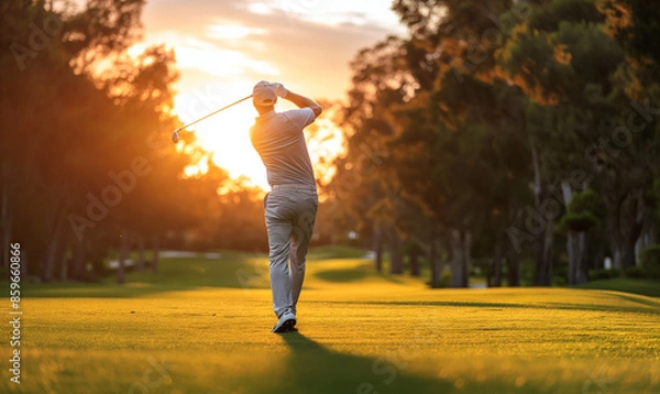 Fototapeta A golfer after hitting a golf ball against the backdrop of sunrise. Fairway. A Young Man's Golfing Quest. Concept of a golf game.