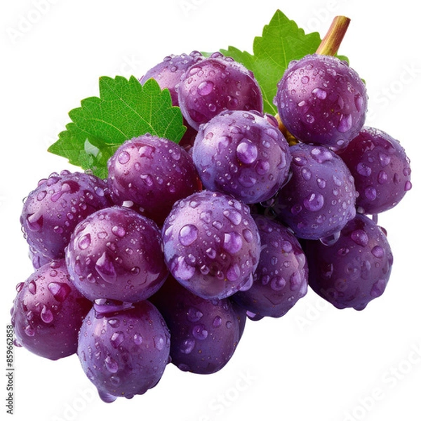 Fototapeta A cluster of plump, purple grapes covered in water droplets, with a green leaf at the top, sits on an isolated background.