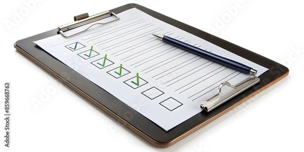 Fototapeta A Clipboard With A Checklist And A Pen. The Checkboxes Are Marked With Green Checkmarks.