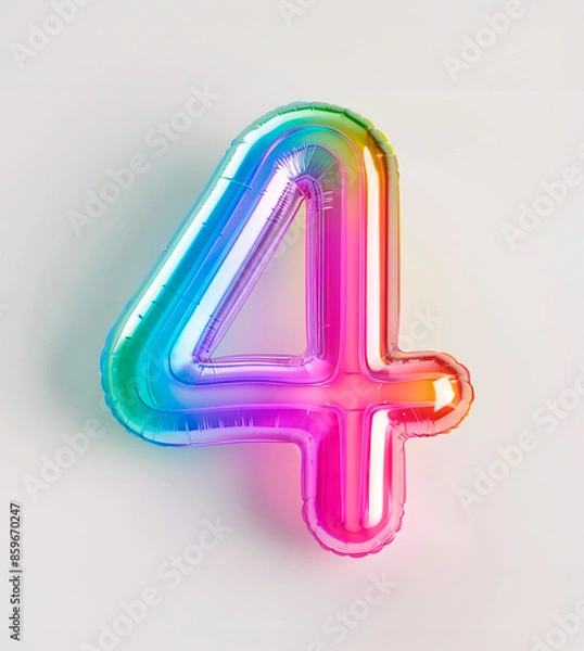 Obraz AI generated photo with inflatable multicolored neon number 4. Minimalistic balloon isolated on a white background