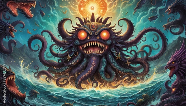 Fototapeta Illustrative depiction of a mythical sea monster that makes the oceans unsafe and is told in old sailor’s tales
